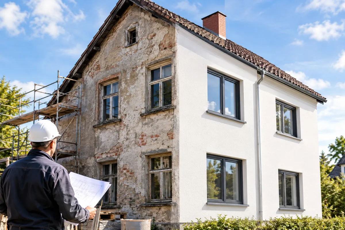 Bauleiter prüft Pläne vor einem Altbau, links unsaniert, rechts saniert (KI-generiertes Symbolbild)