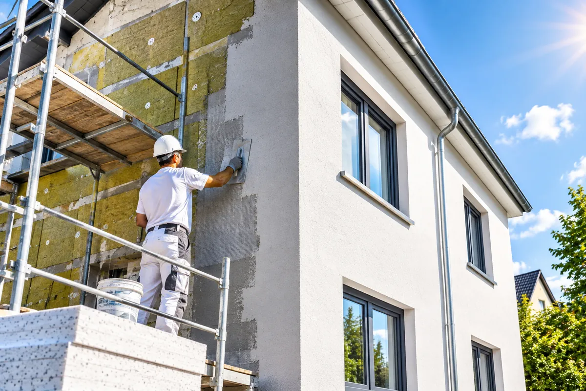 Handwerker bringt Dämmung und Putz an einer Hausfassade auf (KI-generiertes Symbolbild)